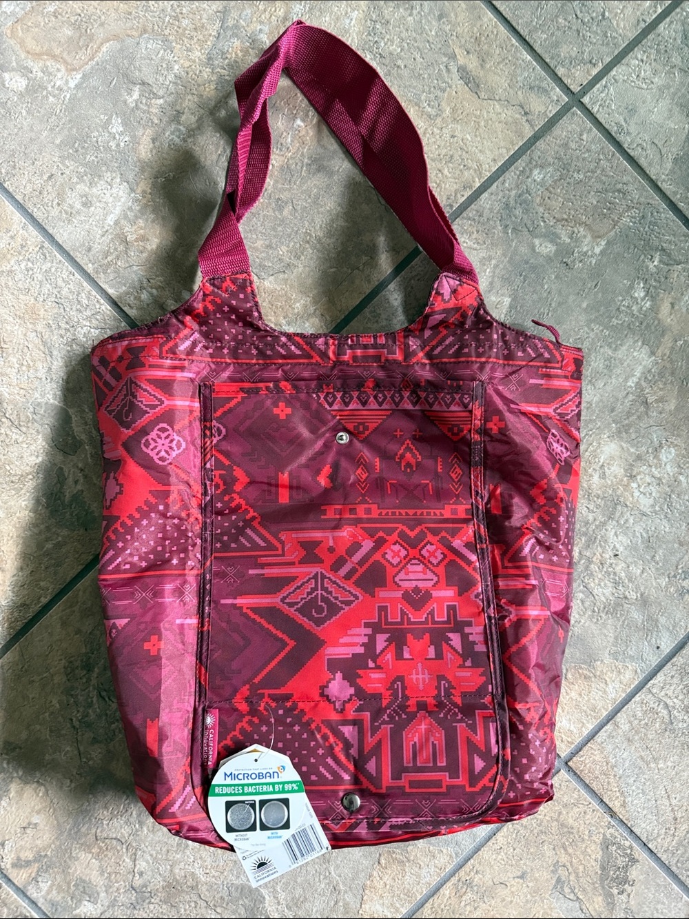 Lightweight Red Patterned Tote Bag with Front Pocket